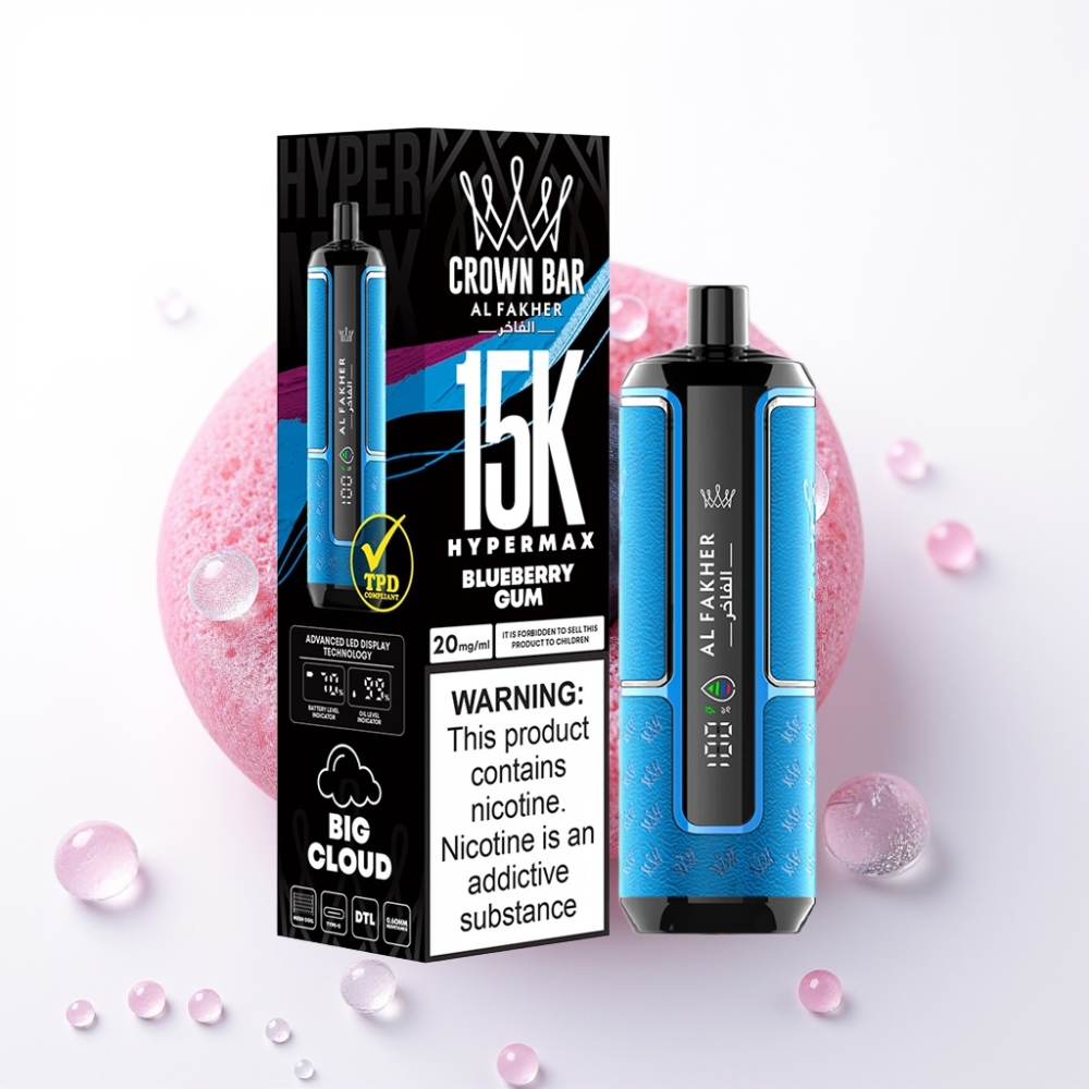Al Fakher Crown Bar 15K Hypermax Enkratna E-cigareta Borovnica Žvečilni Gumi – 22ml, 15K Puffov, 6mg/ml