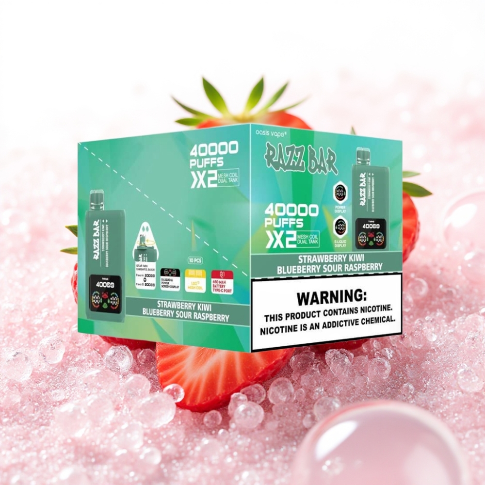 Razz Bar 40000 Puffs Disposable Vape Jagoda Kivi & Borovnica Kisla Malina, 650mAh, 1.0Ω×2