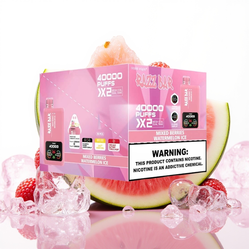 Razz Bar 40000 Puffs Disposable Vape MEŠANE JAGODE & LUBENICA LED 1.0Ω×2, 650mAh, Type-C