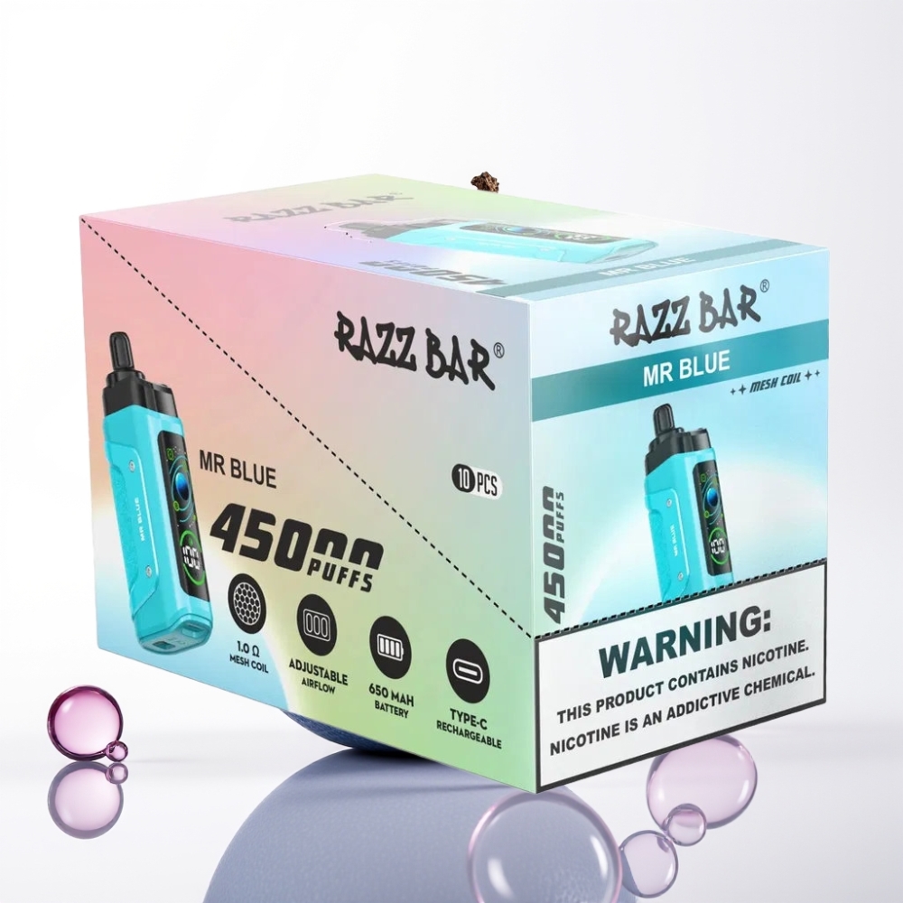 Razz Bar 45000 Puffov Enkratna Vape Mr Modra – 1.0 Ohm, Nastavljiv Pretok, 650 mAh