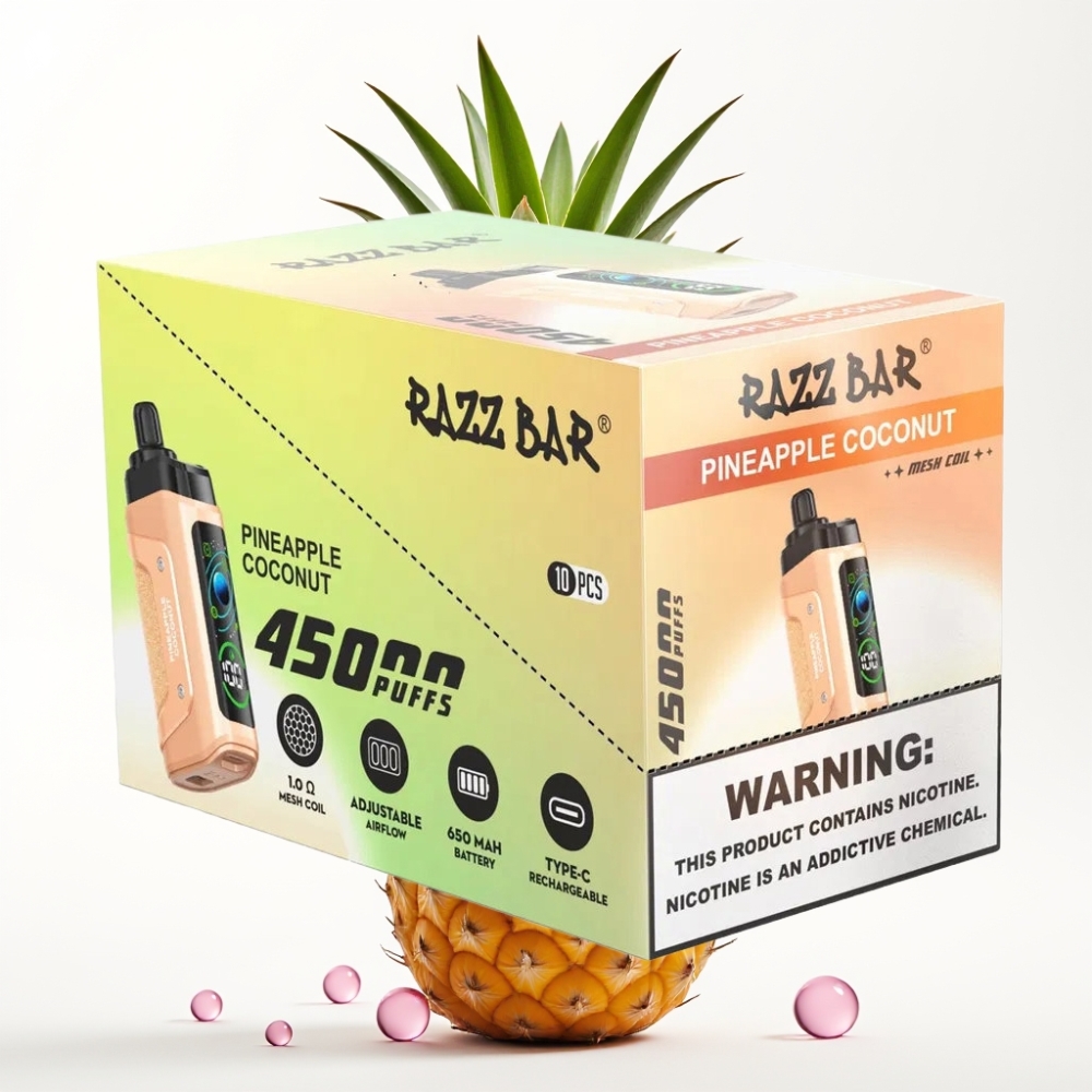 Razz Bar 45000 Puffs Disposable Vape Ananas Kokos, 1.0 Ohm, Nastavljiv Pretok Zraka, 650 mAh
