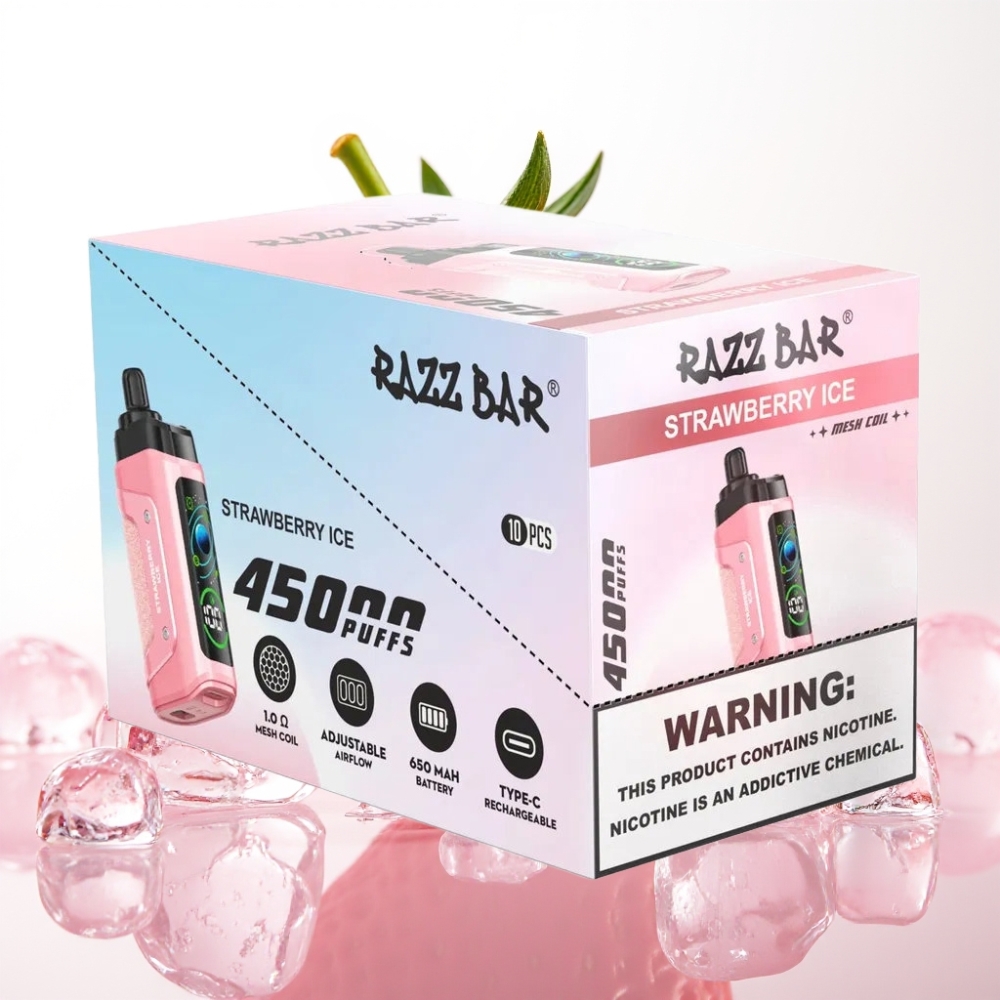 Razz Bar 45000 Puffs Disposable Vape Jagoda Led, 1.0 Ohm, Nastavljiv Pretok Zraka, 650 mAh