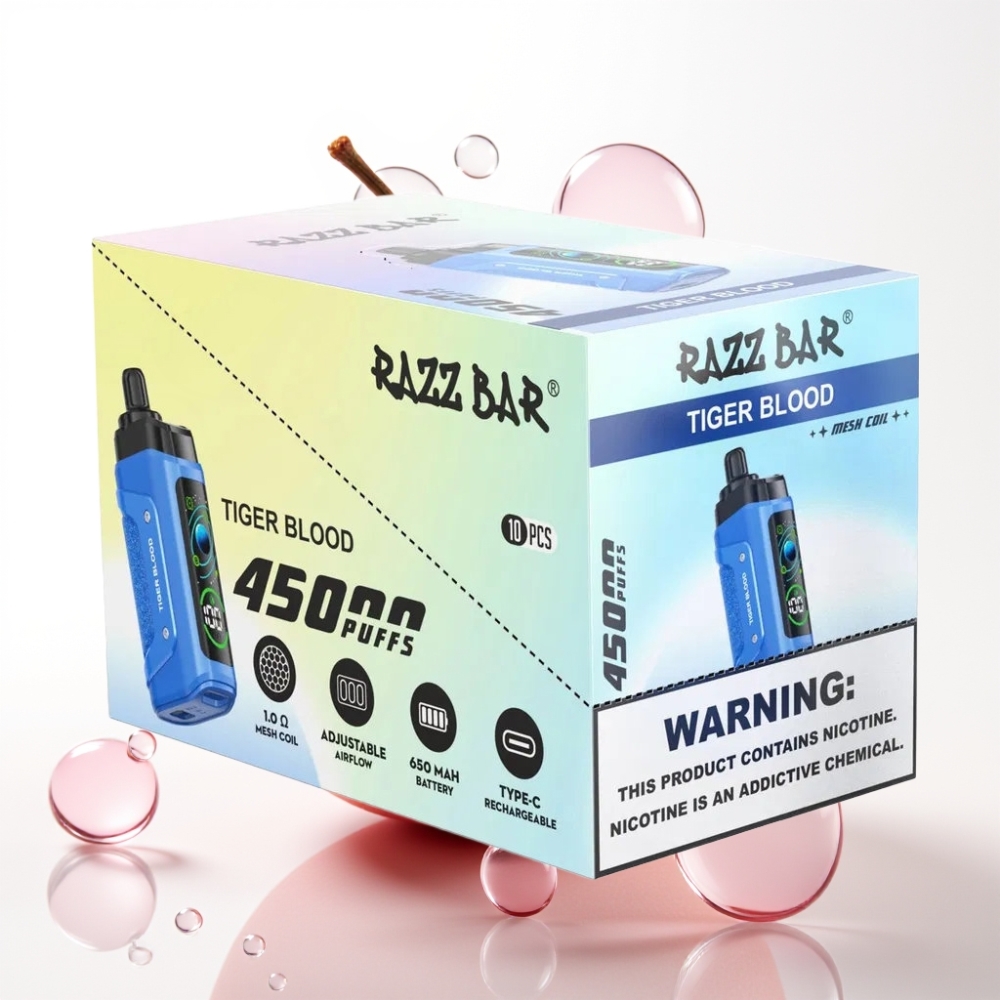 Razz Bar 45000 Puffs Disposable Vape Tiger Blood (Tigrova Kri) – 1.0 Ohm, Nastavljiv Pretok, 650 mAh