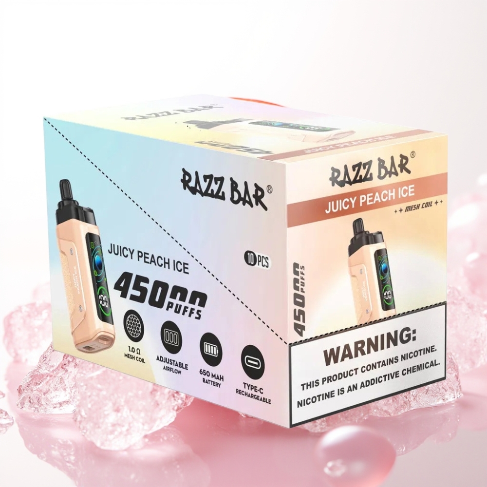 Razz Bar 45000 Puffs Enkratna Vape Soknato Breskvasti Led, 1.0 Ohm, Nastavljiv Pretok Zraka, 650 mAh