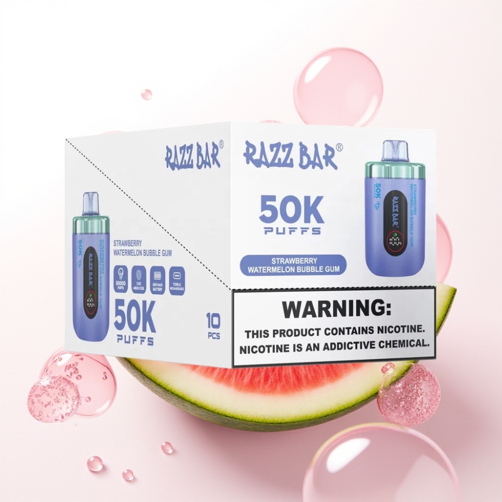 Razz Bar 50K Puffs Disposable Vape Jagoda Lubenika Mehurčki Gumi, 50000 Puffov, 1.0 Ohm, Type-C