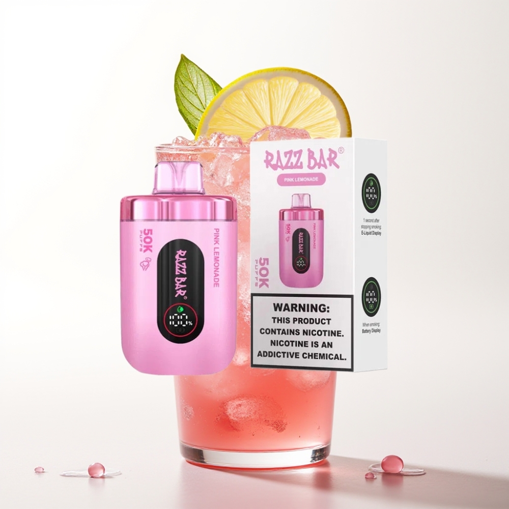 Razz Bar 50K Puffs Disposable Vape Rožnati Limonadni Sok & 50K Puffov, 1.0 Ohm, Type-C