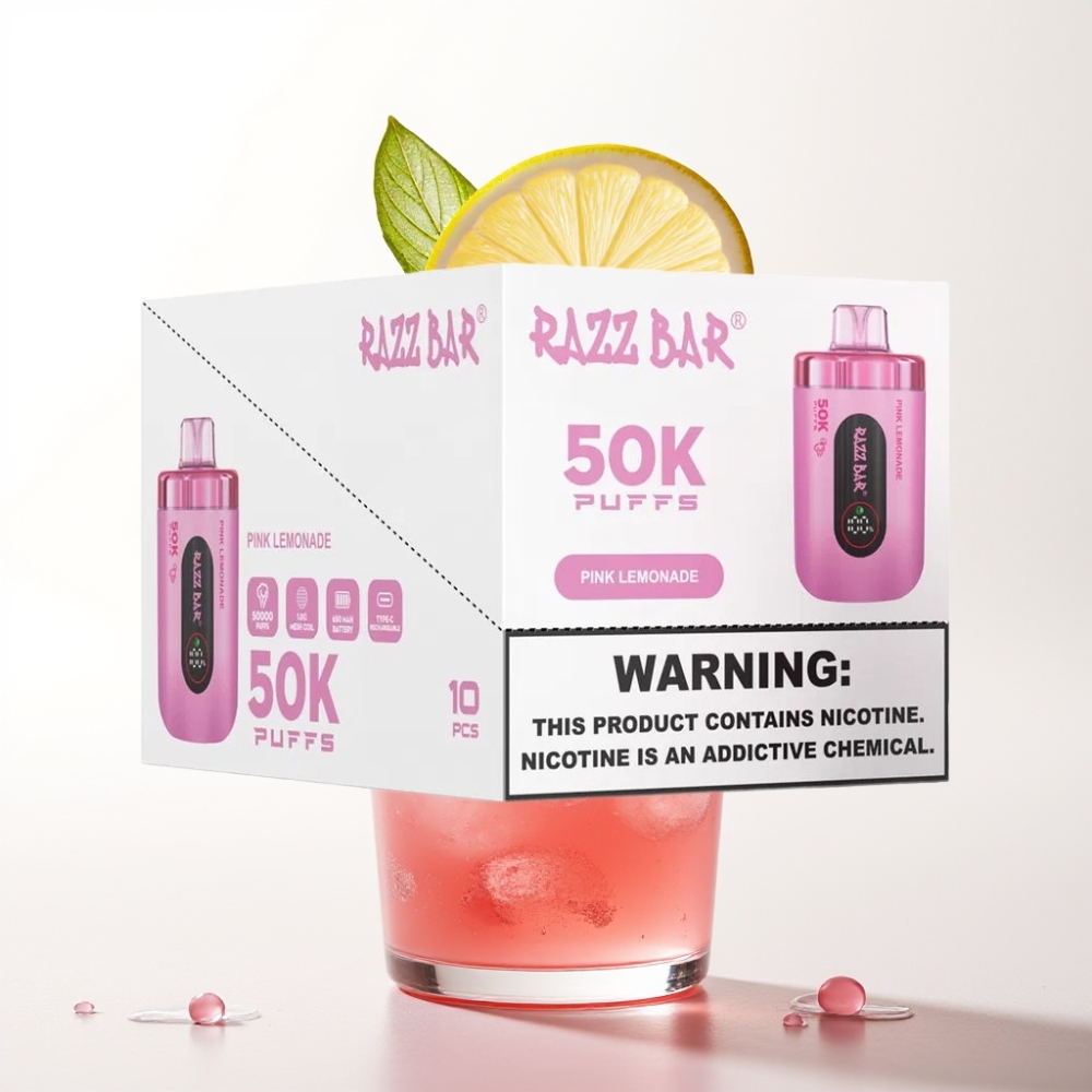 Razz Bar 50K Puffs Disposable Vape Rožnati Limonadni Sok & 50K Puffov, 1.0 Ohm, Type-C