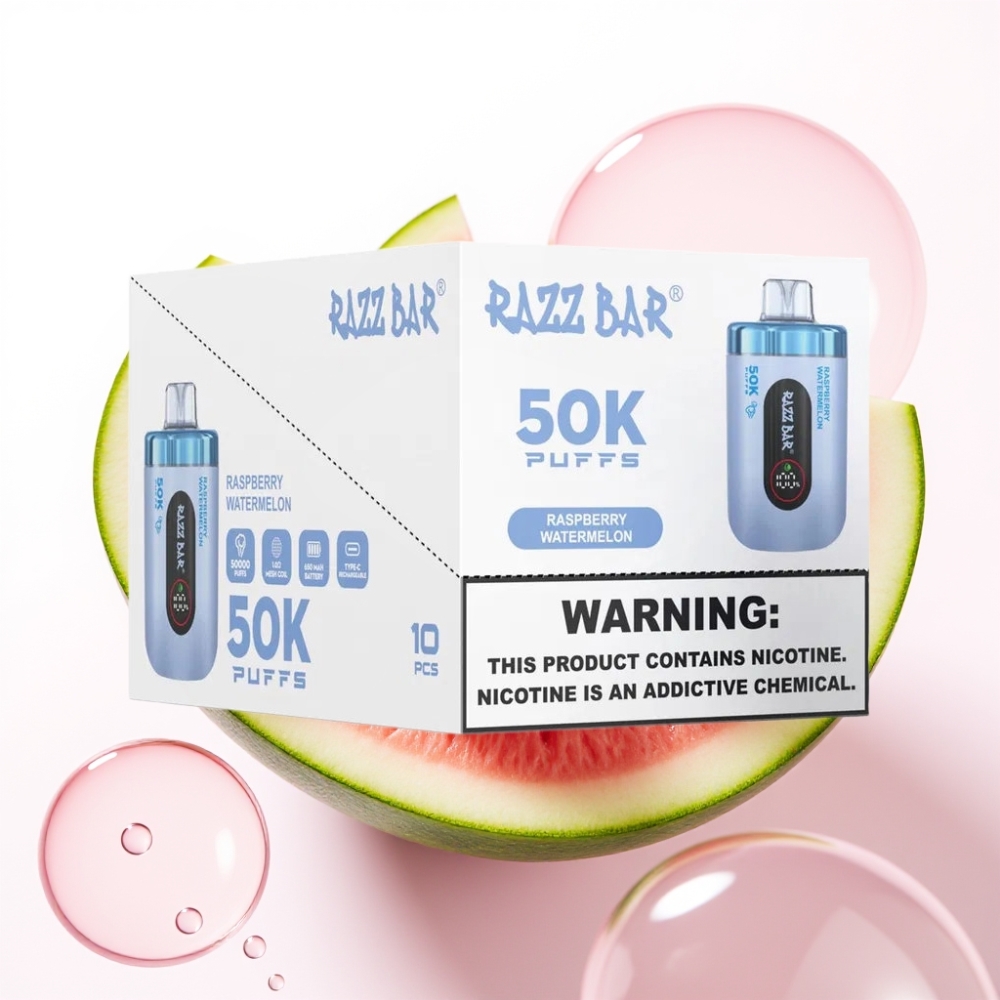 Razz Bar 50K Puffs Enkratna E-cigareta Malina Lubenica | 50000 Puffov, Mesh Coil 1.0 Ohm, 650 mAh